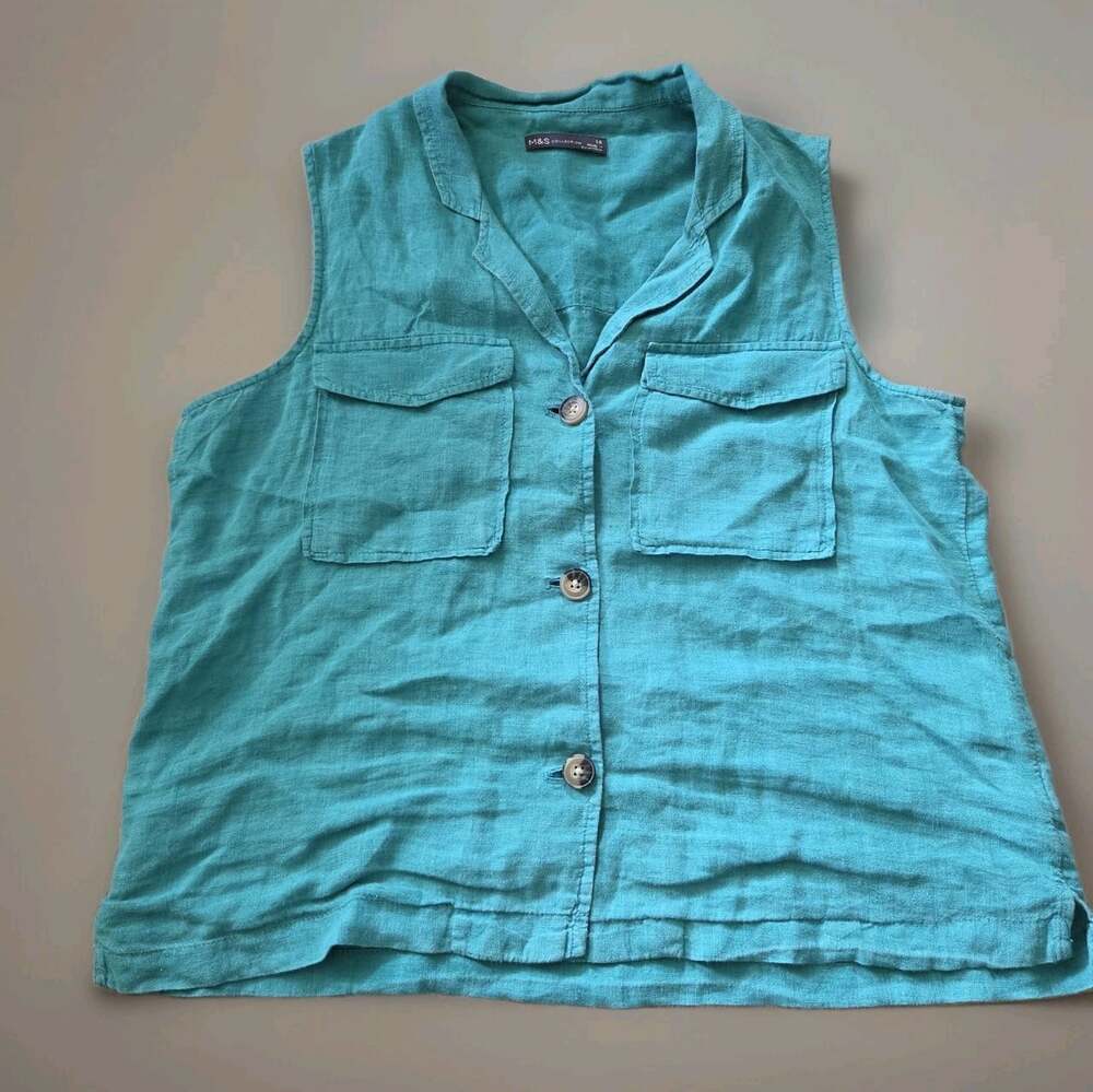 M&S Collection Shirt Size 10 100% Flax Linen Teal Sleeveless Coastal Casual